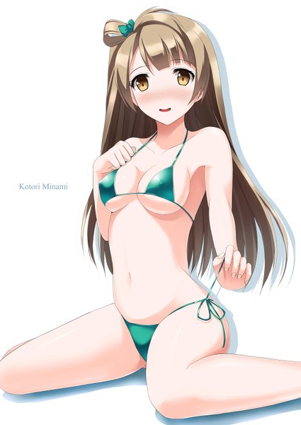Anime picture 1063x1500 with love live! school idol project sunrise (studio) love live! minami kotori cocona (coconacafe) single long hair tall image looking at viewer blush breasts open mouth light erotic simple background smile brown hair white background sitting bare shoulders brown eyes