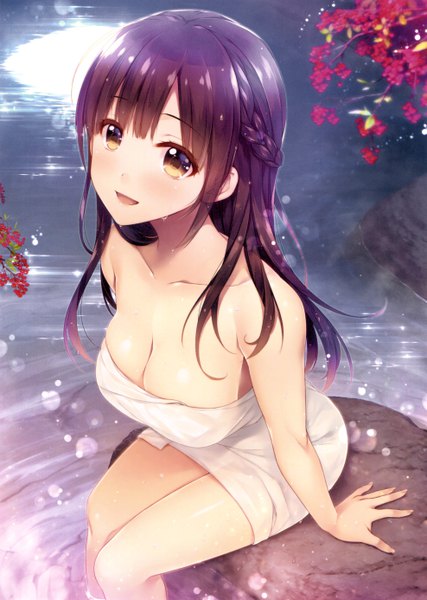 Anime picture 3949x5542 with comic toranoana alpha (yukai na nakamatachi) single long hair tall image blush fringe highres breasts open mouth light erotic hair between eyes brown hair large breasts sitting brown eyes payot absurdres cleavage bent knee (knees)