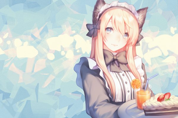 Anime picture 900x600 with original sx (shouhou02) single long hair looking at viewer blue eyes blonde hair animal ears cat ears orange background girl dress food sweets bowtie apron drink berry (berries) cake glass