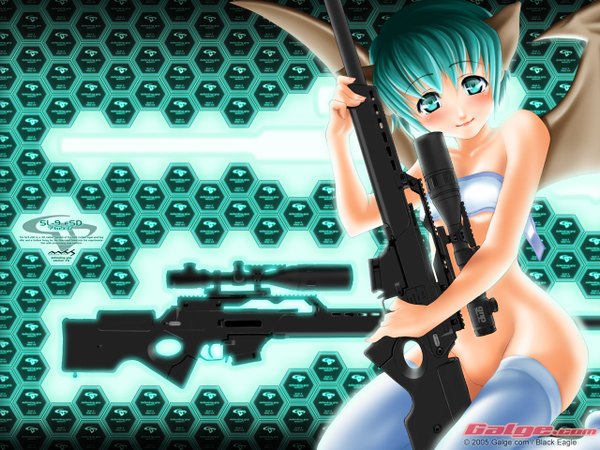 Anime picture 1280x960 with galge.com light erotic demon girl girl thighhighs gun rifle sniper rifle black eagle