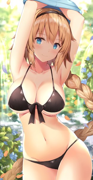 Anime picture 624x1194 with fate (series) fate/grand order jeanne d'arc (fate) (all) jeanne d'arc (swimsuit archer) rin yuu single tall image looking at viewer blush breasts blue eyes light erotic blonde hair smile large breasts standing signed payot outdoors braid (braids)
