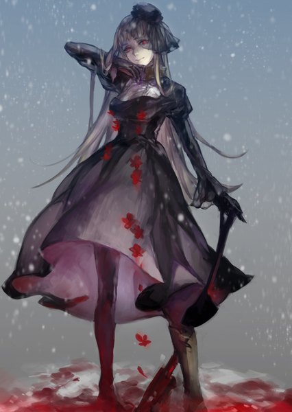 Anime picture 1240x1748 with axis powers hetalia studio deen belarus (hetalia) noir (ibaraki) single long hair tall image blonde hair smile red eyes snowing winter snow girl dress gloves blood shovel