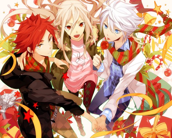 Anime picture 1280x1022 with inazuma eleven afuro terumi nagumo haruya suzuno fuusuke izumi (nagashi) long hair short hair open mouth blue eyes blonde hair red eyes yellow eyes white hair red hair genderswap girl boy bow scarf star (symbol)