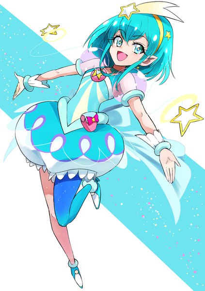 Anime picture 1000x1419 with precure star twinkle precure toei animation hagoromo lala cure milky aosa (momikin) single long hair tall image blush fringe open mouth simple background smile hair between eyes standing payot looking away full body :d