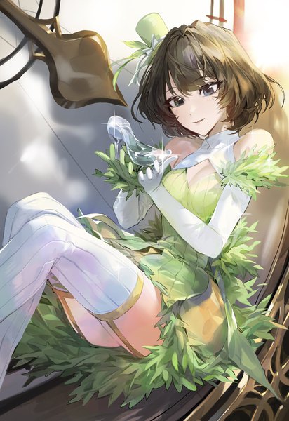 Anime picture 1500x2181 with idolmaster idolmaster cinderella girls takagaki kaede modare single tall image short hair blue eyes brown hair sitting sparkle looking down lime green feather girl thighhighs dress gloves hat white thighhighs elbow gloves
