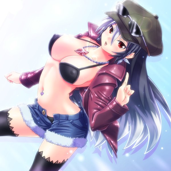 Anime picture 2000x2000 with original tennouji masamichi single long hair highres breasts open mouth light erotic black hair red eyes large breasts girl thighhighs navel black thighhighs swimsuit bikini shorts black bikini sunglasses