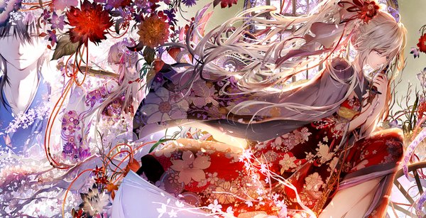 Anime picture 1500x768 with original tsukioka tsukiho long hair black hair wide image multiple girls white hair ponytail traditional clothes japanese clothes grey eyes girl boy hair ornament flower (flowers) ribbon (ribbons) weapon 2 girls sword kimono