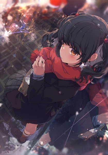 Anime picture 737x1055 with original ogipote single tall image looking at viewer blush fringe short hair black hair standing twintails brown eyes outdoors blunt bangs pleated skirt from above depth of field plaid skirt short twintails reflection