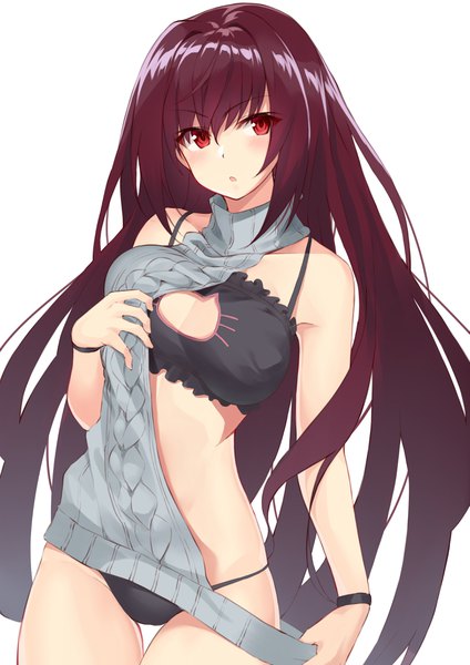 Anime picture 2893x4092 with fate (series) fate/grand order scathach (fate) (all) scathach (fate) shunichi single long hair tall image looking at viewer blush fringe highres breasts light erotic simple background hair between eyes red eyes large breasts white background payot
