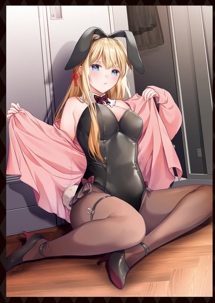 Anime picture 1359x1920 with original cocoa (cafe-hotcocoa) single long hair tall image looking at viewer blush fringe breasts blue eyes light erotic blonde hair sitting animal ears full body indoors tail long sleeves animal tail scan
