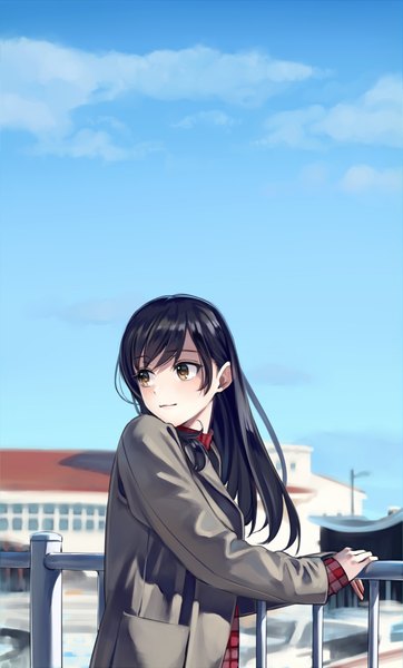 Anime picture 1209x2000 with original takeuchi aya single long hair tall image black hair brown eyes sky cloud (clouds) looking back girl jacket