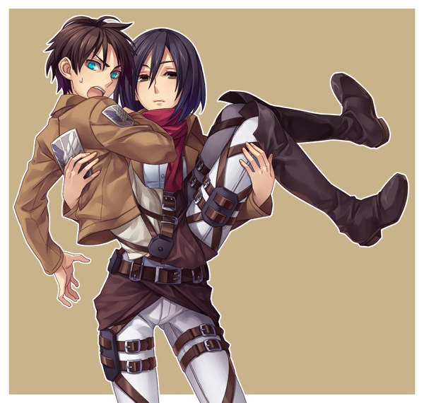 Anime picture 1000x950 with shingeki no kyojin production i.g mikasa ackerman eren yaeger tkemn short hair open mouth blue eyes black hair brown eyes open clothes open jacket couple girl boy boots belt scarf thigh strap red scarf