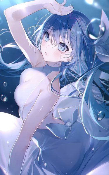 Anime picture 1871x3008 with original miwano rag single long hair tall image looking at viewer blush fringe highres breasts blue eyes light erotic hair between eyes large breasts bare shoulders signed blue hair parted lips arm up scan