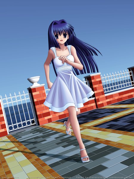 Anime picture 1350x1800 with kanon key (studio) minase nayuki single long hair tall image blue eyes blue hair running girl dress