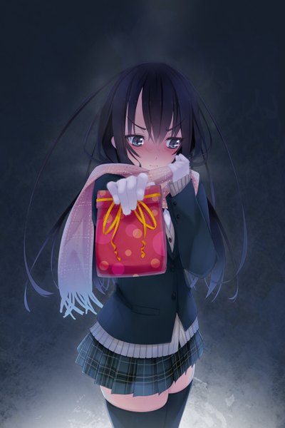 Anime picture 1000x1500 with original murakami suigun single long hair tall image blush black hair standing holding pleated skirt embarrassed outstretched arm plaid skirt exhalation valentine girl thighhighs skirt gloves uniform
