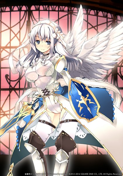 Anime picture 756x1080 with million arthur (series) kaku-san-sei million arthur square enix refeia single long hair tall image looking at viewer fringe breasts light erotic large breasts standing holding signed silver hair outdoors light smile official art covered navel
