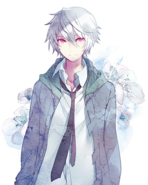 Anime picture 800x1000 with mirai nikki akise aru horiizumi inko single tall image looking at viewer fringe short hair smile hair between eyes standing white background purple eyes silver hair upper body open jacket open collar floral background boy shirt