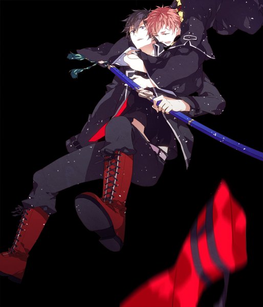 Anime picture 1148x1341 with ao no exorcist a-1 pictures okumura rin shima renzou sara666 (roentgen666) tall image short hair open mouth blue eyes black hair pink hair pink eyes multiple boys black background scar lacing falling hug from behind boy uniform