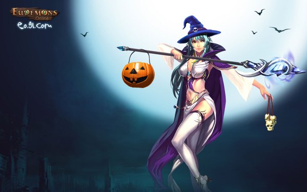 Anime picture 1440x900 with eudemons tagme (character) tagme (artist) single long hair wide image holding copyright name halloween witch girl moon staff skull vegetables jack-o'-lantern pumpkin wand