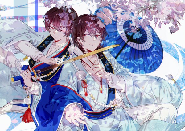 Anime picture 1400x989 with ensemble stars! sakuma rei (ensemble stars!) sakuma ritsu kanose fringe short hair black hair smile hair between eyes red eyes ahoge traditional clothes japanese clothes one eye closed multiple boys cherry blossoms siblings brothers boy weapon