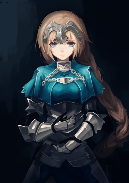 Anime picture 2480x3508 with fate (series) fate/grand order fate/apocrypha jeanne d'arc (fate) (all) jeanne d'arc (fate) sc068 single long hair tall image looking at viewer fringe highres blue eyes simple background blonde hair standing payot braid (braids) light smile single braid