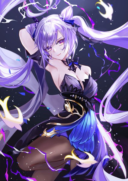 Anime picture 1555x2200 with genshin impact keqing (genshin impact) keqing (opulent splendor) (genshin impact) vardan single long hair tall image looking at viewer breasts purple eyes twintails cleavage purple hair armpit (armpits) hair bun (hair buns) official alternate costume electricity girl dress pantyhose