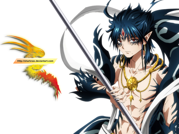 Anime-Bild 961x720 mit magi the labyrinth of magic a-1 pictures ren hakuryuu sharknex single long hair looking at viewer red eyes signed blue hair upper body fingernails pointy ears mole facial mark transparent background muscle mole under mouth dark hair sharp fingernails