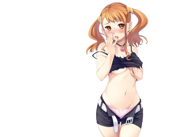 Anime picture 1500x1200 with ano hi mita hana no namae wo bokutachi wa mada shiranai a-1 pictures anjou naruko oryou long hair blush breasts light erotic simple background white background twintails nail polish orange hair orange eyes saliva girl shorts