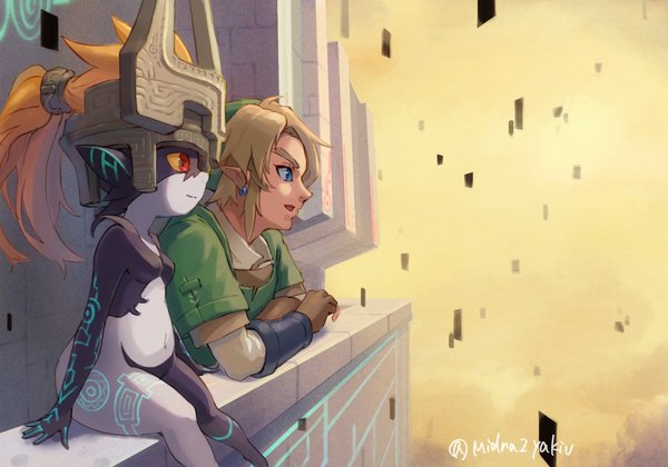 Anime picture 1500x1050 with the legend of zelda the legend of zelda: twilight princess nintendo link midna saburou (jako) long hair blue eyes light erotic blonde hair red eyes sitting signed looking away ponytail profile pointy ears twitter username girl boy