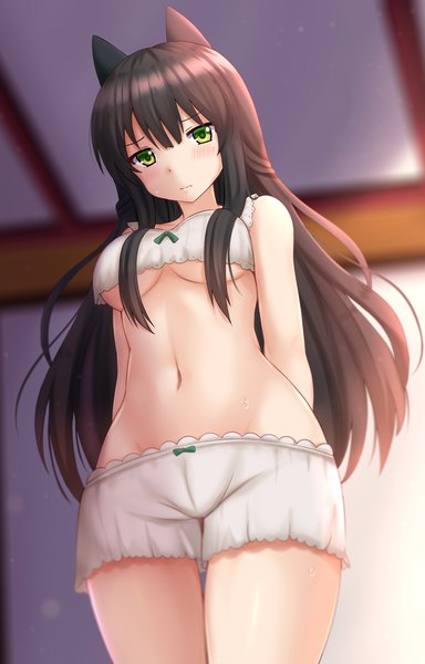 Anime picture 1200x1873 with urara meirochou j.c. staff tatsumi kon kazenokaze single long hair tall image looking at viewer blush fringe breasts light erotic black hair hair between eyes standing twintails green eyes animal ears sunlight blurry