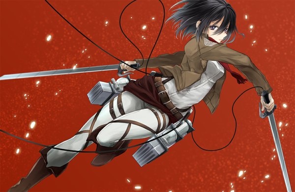 Anime picture 1181x770 with shingeki no kyojin production i.g mikasa ackerman mirakuruone (artist) single looking at viewer short hair black hair silver hair black eyes open clothes open jacket brown background girl weapon sword boots scarf red scarf