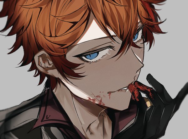 Anime picture 2717x2000 with genshin impact tartaglia (genshin impact) 343 (343 sashimiiiii) single looking at viewer fringe highres short hair blue eyes simple background hair between eyes signed parted lips orange hair grey background close-up face blood on face bloody clothes boy