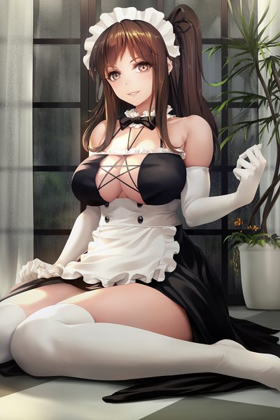 Anime picture 1334x2000 with original obaoba (monkeyix) single long hair tall image looking at viewer blush fringe breasts light erotic brown hair large breasts sitting bare shoulders brown eyes payot cleavage indoors parted lips light smile