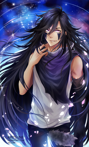 Anime-Bild 1000x1649 mit original aritsune single long hair tall image fringe black hair hair between eyes pink eyes light smile from above sleeveless face paint messy hair adjusting clothes boy petals star (stars)