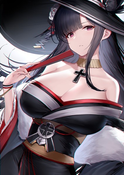 Anime picture 1400x1980 with azur lane peter strasser (azur lane) peter strasser (chronos's kalendae) (azur lane) an yasuri single long hair tall image looking at viewer blush fringe breasts light erotic black hair simple background large breasts white background purple eyes holding cleavage upper body
