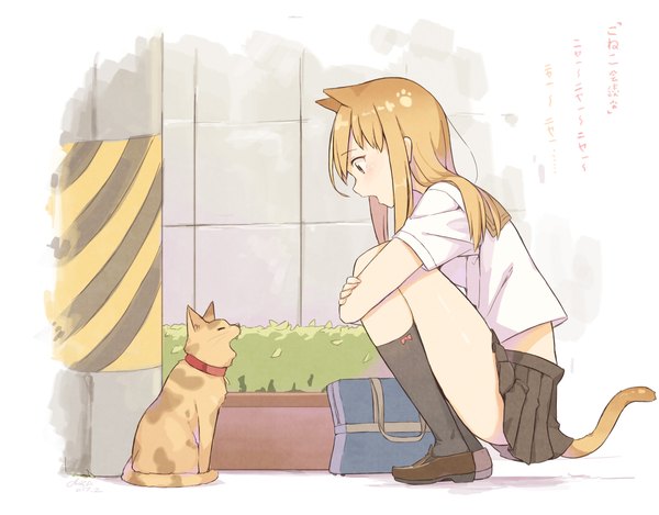 Anime picture 2183x1705 with original cloba single long hair highres open mouth light erotic blonde hair animal ears yellow eyes tail animal tail profile pleated skirt cat ears inscription short sleeves cat girl cat tail squat