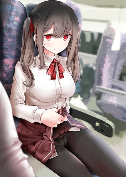 Anime picture 1358x1900 with original oouso (usotsukiya) long hair tall image blush fringe light erotic black hair smile hair between eyes red eyes sitting twintails pleated skirt solo focus skirt lift train interior girl skirt underwear