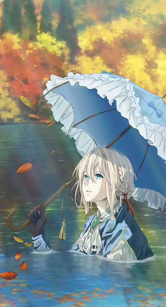 Anime picture 2166x4000 with violet evergarden kyoto animation violet evergarden (character) saoirse single tall image fringe highres short hair open mouth blue eyes blonde hair hair between eyes holding payot looking away upper body outdoors braid (braids) long sleeves
