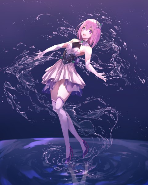 Anime-Bild 4000x5000 mit original munseonghwa single tall image looking at viewer blush fringe highres short hair open mouth simple background smile hair between eyes standing purple eyes bare shoulders pink hair absurdres full body :d