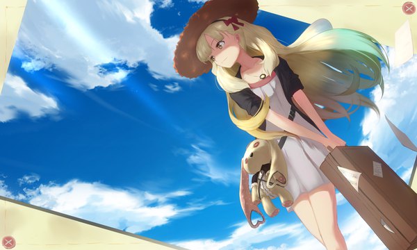 Anime picture 1600x960 with vocaloid usano mimi reluvy single long hair fringe blonde hair wide image brown eyes looking away sky cloud (clouds) blunt bangs wind aqua hair from below dutch angle gradient hair shaded face girl