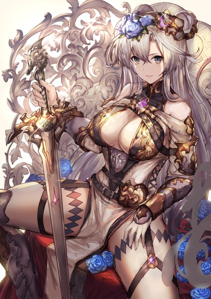 Anime picture 827x1170 with original matsumoto mitsuaki single long hair tall image looking at viewer fringe breasts light erotic simple background hair between eyes large breasts white background sitting holding silver hair parted lips grey eyes hair bun (hair buns) spread legs