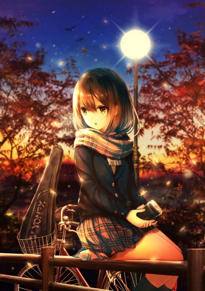 Anime picture 1735x2460 with original catbell single tall image fringe highres short hair hair between eyes brown hair sitting holding brown eyes looking away sky bent knee (knees) outdoors parted lips pleated skirt evening plaid skirt