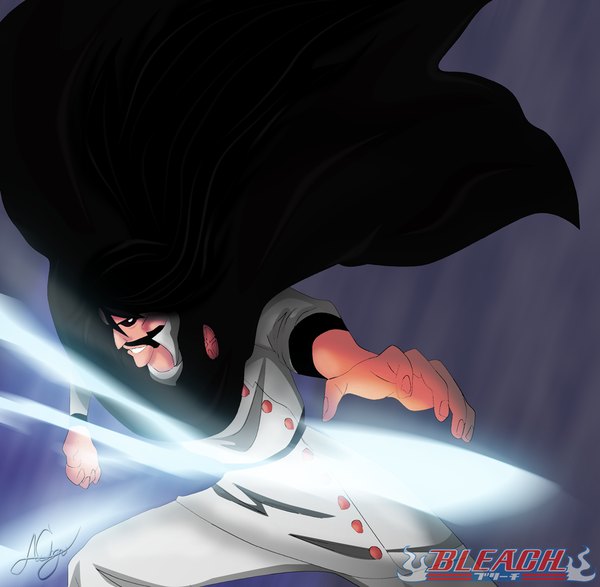 Anime picture 1021x1000 with bleach studio pierrot juha bach ayce104 single long hair black hair smile signed inscription coloring outstretched arm white eyes boy cloak mustache