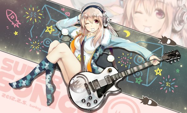 Anime picture 1200x729 with nitroplus super sonico single long hair blush blonde hair red eyes wide image one eye closed wink girl socks jacket headphones guitar