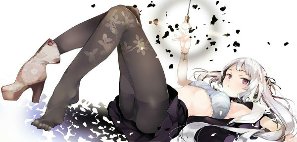 Anime picture 1200x575 with shunsei (muratou) single long hair looking at viewer fringe light erotic wide image white background twintails silver hair bent knee (knees) white hair lying pink eyes arm up open clothes on back high heels no shoes floral print