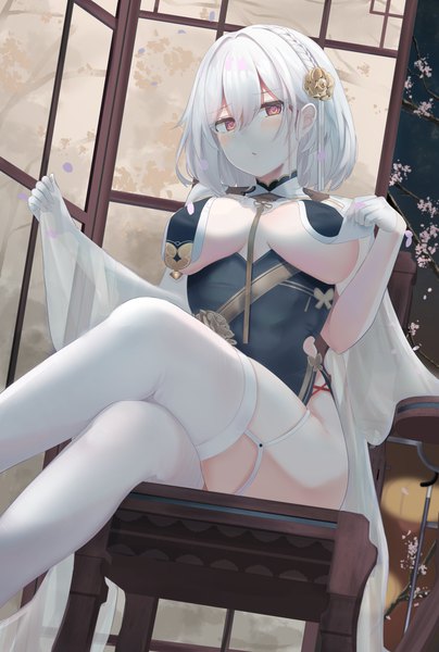 Anime picture 1200x1780 with azur lane sirius (azur lane) sirius (azure horizons) (azur lane) ru zhai single tall image looking at viewer blush fringe short hair breasts open mouth light erotic hair between eyes red eyes large breasts sitting holding payot bent knee (knees)