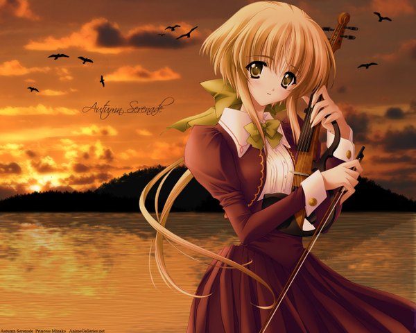 Anime picture 1280x1024 with carnelian single looking at viewer blush fringe blonde hair holding brown eyes sky cloud (clouds) wallpaper evening sunset mountain third-party edit dress hair ornament bow plant (plants) hair bow