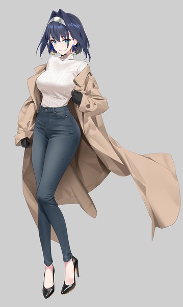 Anime picture 1200x2005 with virtual youtuber hololive hololive english ouro kronii yd (orange maru) single tall image looking at viewer fringe short hair blue eyes simple background hair between eyes standing full body long sleeves off shoulder grey background high heels girl