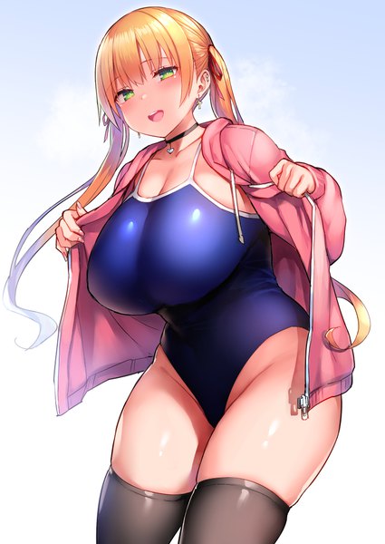Anime picture 800x1130 with original tsukumiya amane single long hair tall image looking at viewer blush fringe breasts open mouth light erotic simple background blonde hair smile hair between eyes standing twintails green eyes :d open jacket