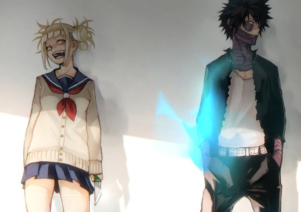 Anime picture 1500x1058 with boku no hero academia studio bones toga himiko dabi (boku no hero academia) yoshio (55level) short hair open mouth black hair simple background blonde hair payot looking away shadow hair bun (hair buns) glowing scar hand in pocket against wall messy hair girl